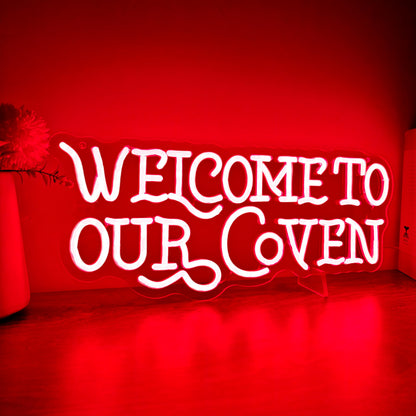Welcome to Our Coven Red Neon Sign Witchy Room Decor Gothic Aesthetic Light Mystical Gift USB Powered with Dimmer for Bedroom Home Party Wall Decor