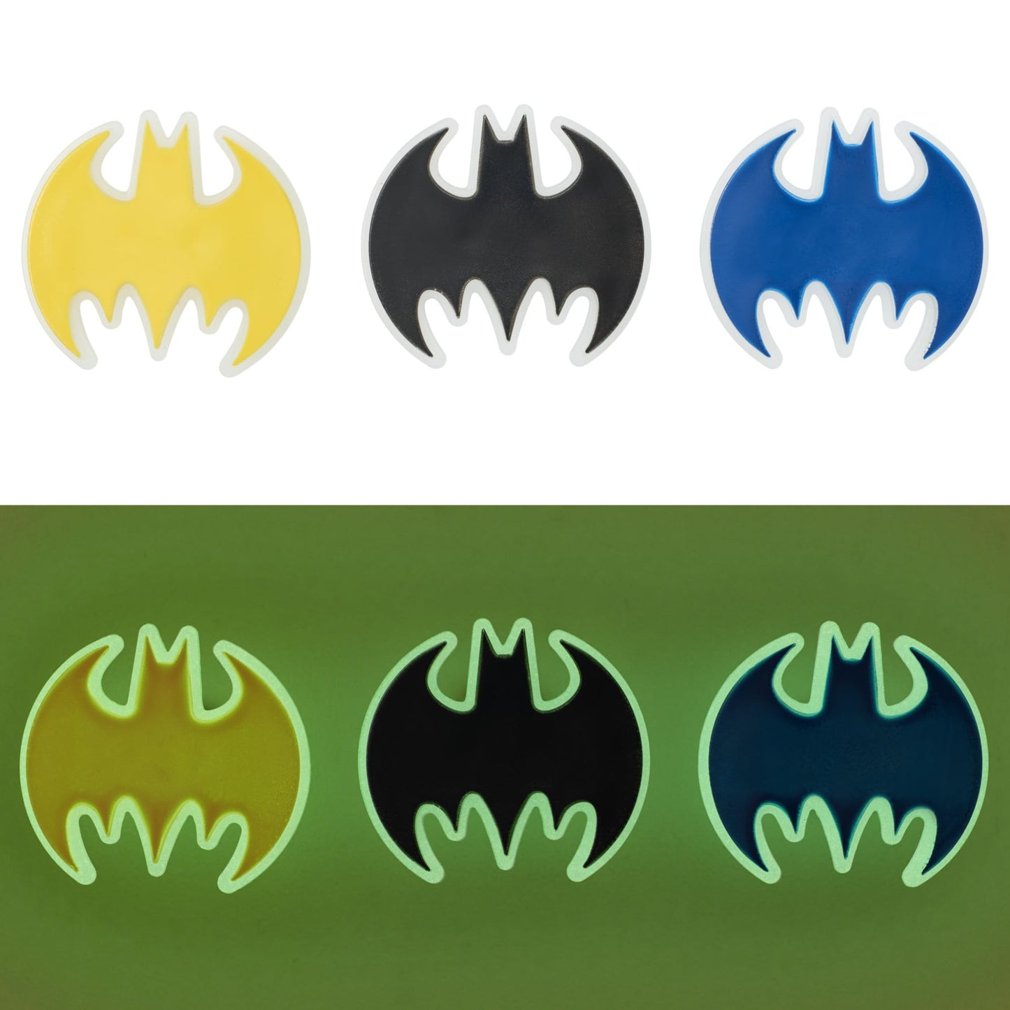 DecoPac Batman Dark Knight Rings, Glow In The Dark Batman Cupcake Decorations, Bat Signal Cake Toppers in Black, Yellow, Blue - 24 Pack