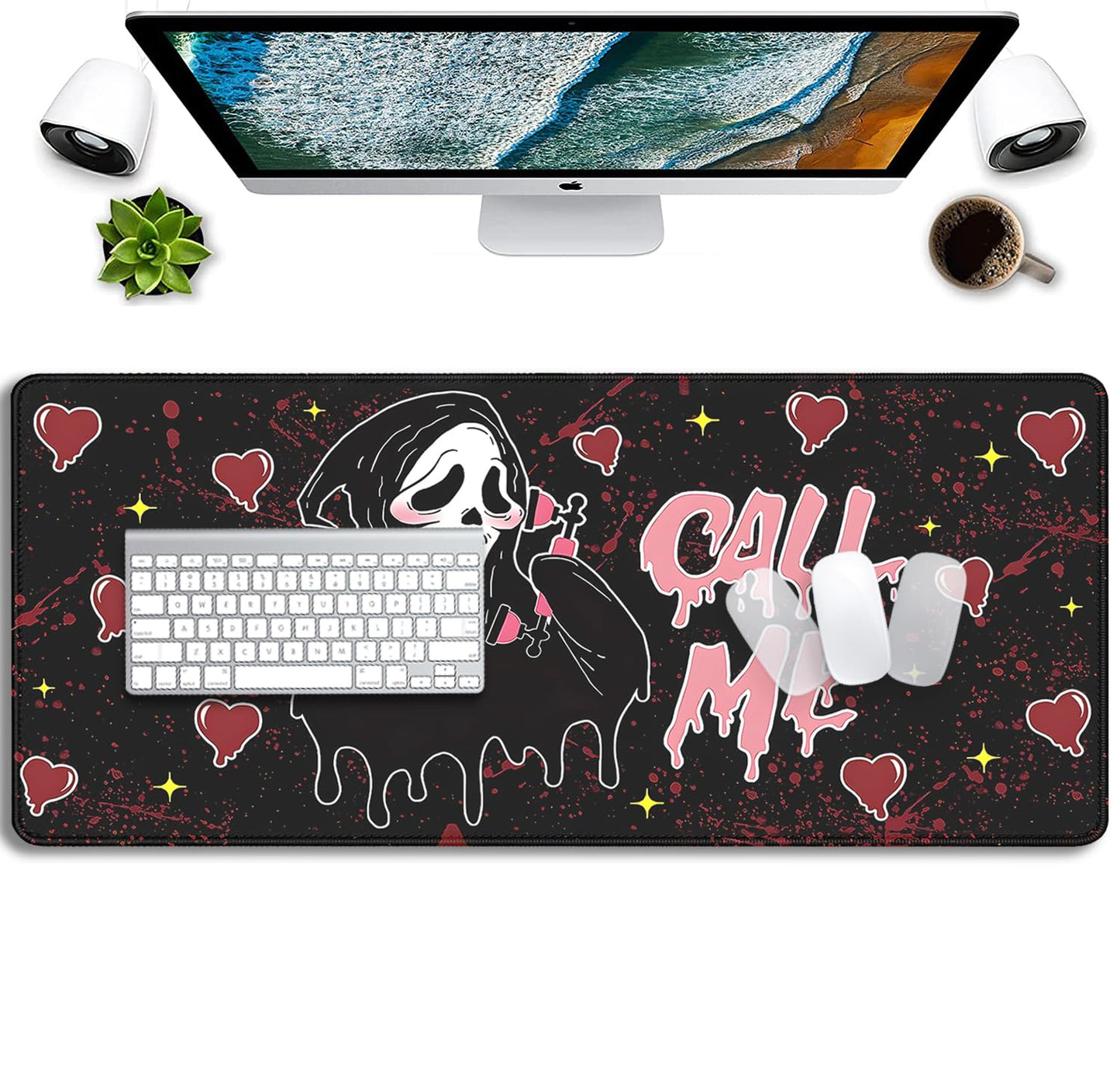 Call Me Mouse Pad Ghostface Desk Pat,Mouse Mat Large Desk Mat for Desktop,Stitched Edges Non-Slip Waterproof Rubber Base Mous Mat for Office Computer Keyboard Laptop and Home(27.5X11.8 in)