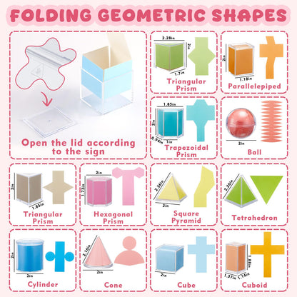Faccito Geometric Solids 3D Shapes & 2D Folding Nets Folding Shapes Early Math Multicolored Blocks Manipulatives and Geometry Set for Classroom Homeschool Math Teacher Supplies(12 Styles)