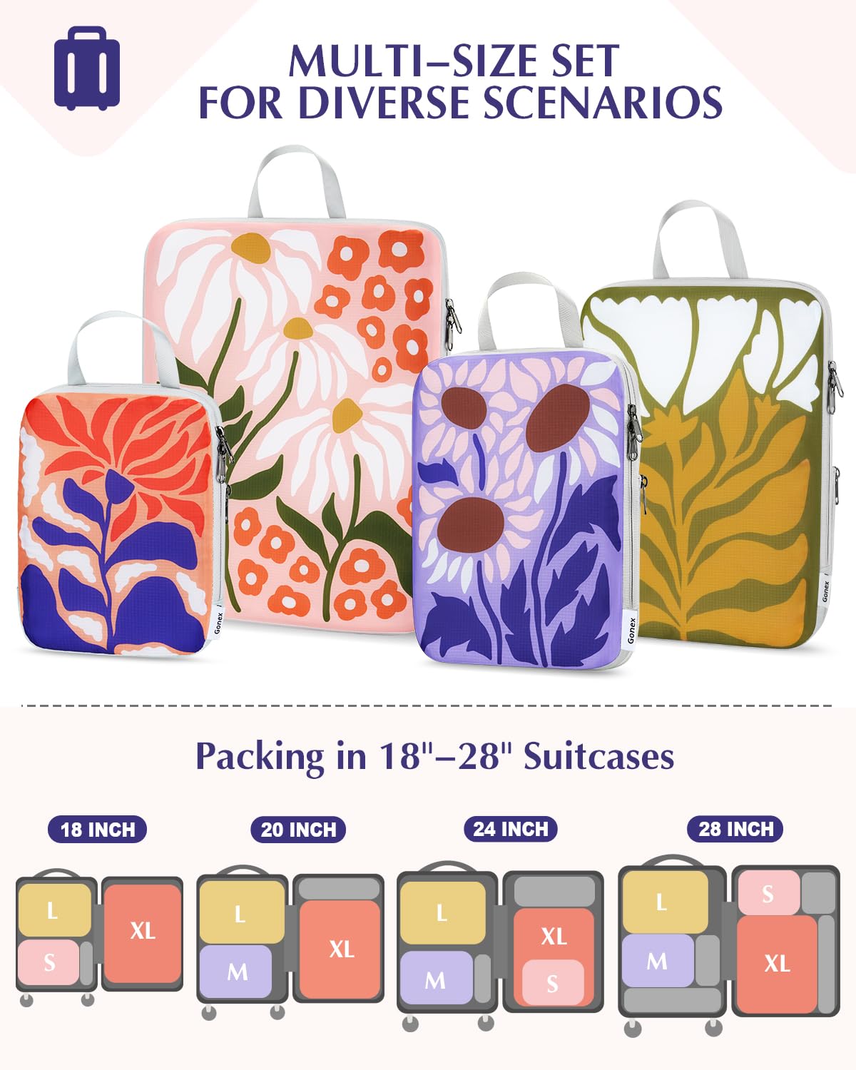 Gonex Compression Packing Cubes, 4pcs Expandable Storage Travel Luggage Bags Organizers, Travel Cubes for Suitcase Carry On (Flowers)