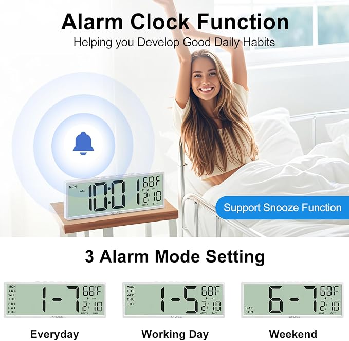 14.5'' Large Digital Wall Clock Battery Operated with Jumbo Numbers, Auto DST, Day, Date, Alarm, Temperature for Living Room, Bedroom, Desk Decor, Gift, LCD Screen Display Easy to Read and Set