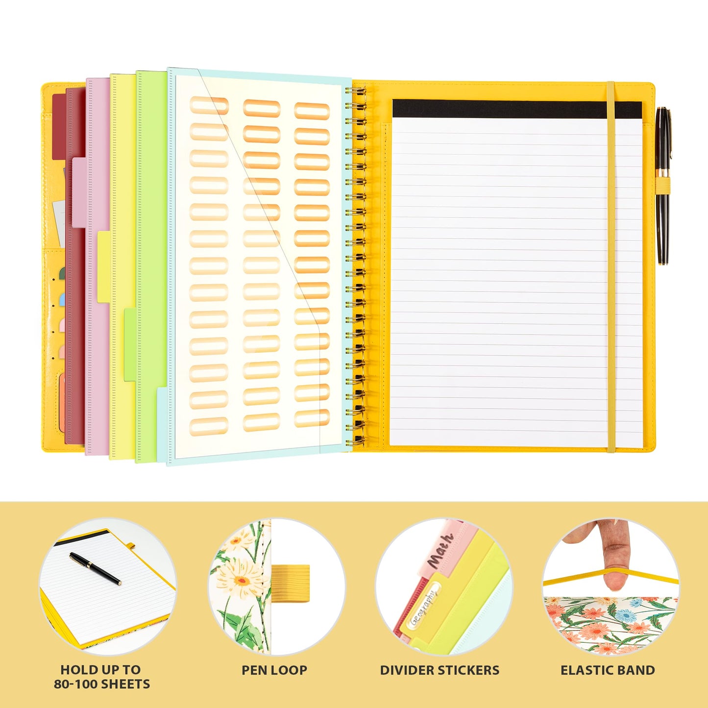 Ospelelf Clipboard with Storage for Men Women, Leather Padfolio Portfolio Organizer 5 Folders with 10 Pockets, Spiral Clipboard Folio with Notepad for Letter Size, Elastic Closure and Pen Loop Floral