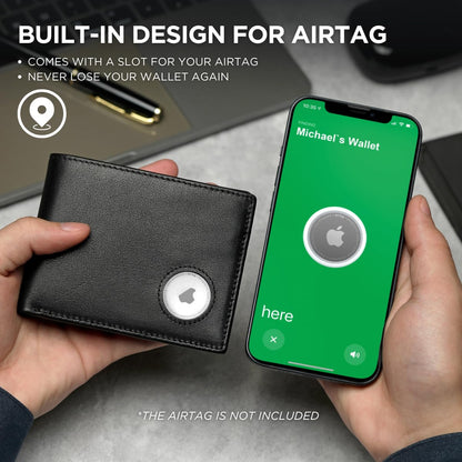 KLOMORE AirTag Chain Wallets for Men (Airtag Not Included), Sleek and Slim, RFID Blocking Genuine Leather Bifold Mens Wallet Includes ID Window Credit Card Holder with Sturdy Chain
