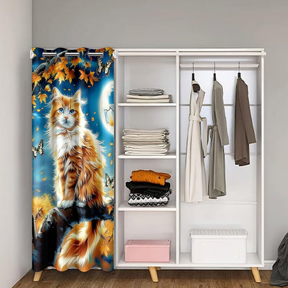 Cute Cat Door Curtain Autumn Maple Leaves Tree Doorway Curtain Wild Butterfly Darkening Blackout Curtain Blue Night Moon Drape for Bedroom Privacy 1 Panel 34" W X 80" L