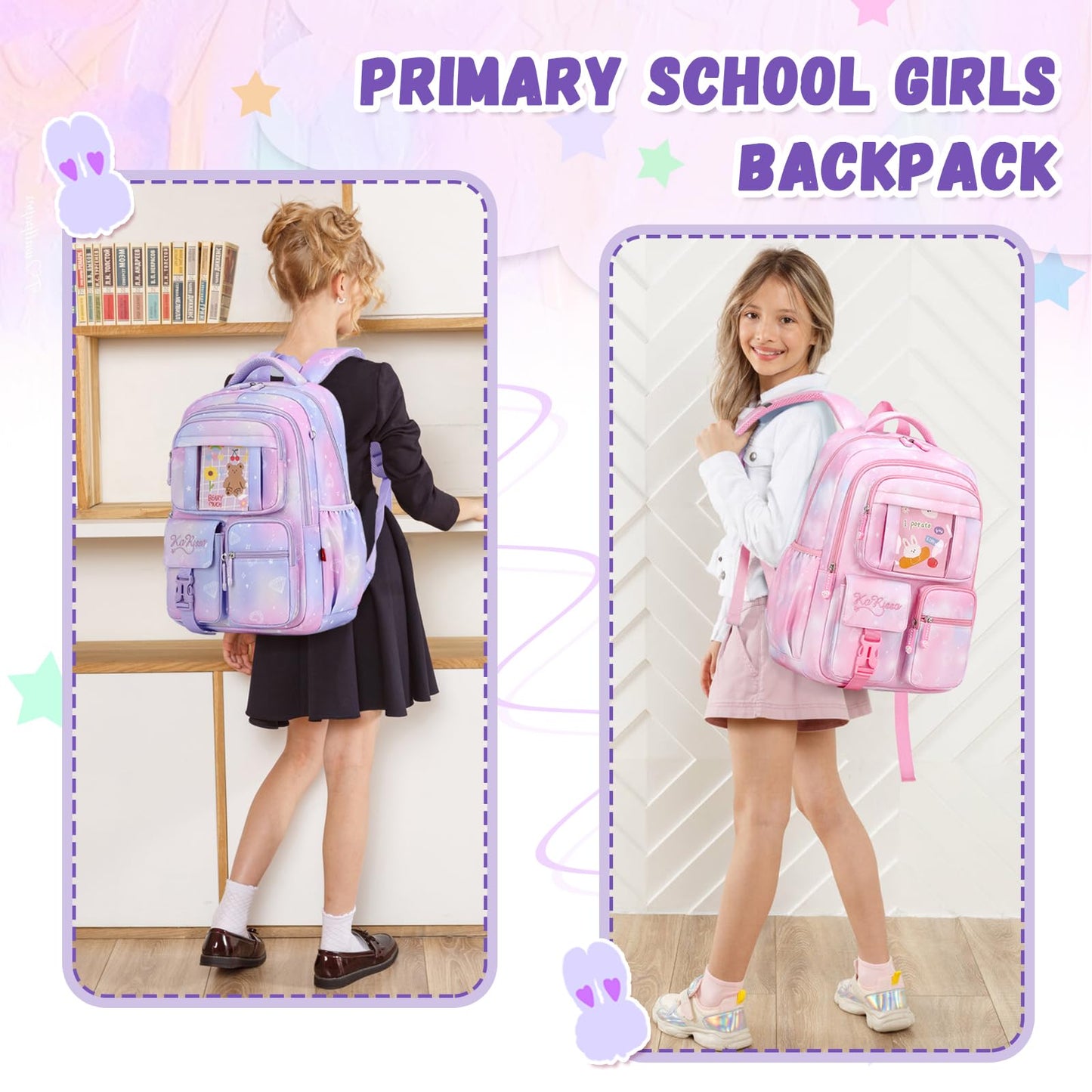 PIG PIG GIRL Kids Backpack for Girls - School Bags for Middle School Students - Book Bag for Elementary Primary - Kawaii Ita Backpack - Purple