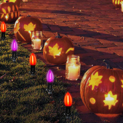SUNSGNE Halloween Pathway Lights, 19.5Ft Halloween Stake Lights with 10 Count C9 LED Orange and Purple Bulbs for Lawn Yard Sidewalk Garden Decoration