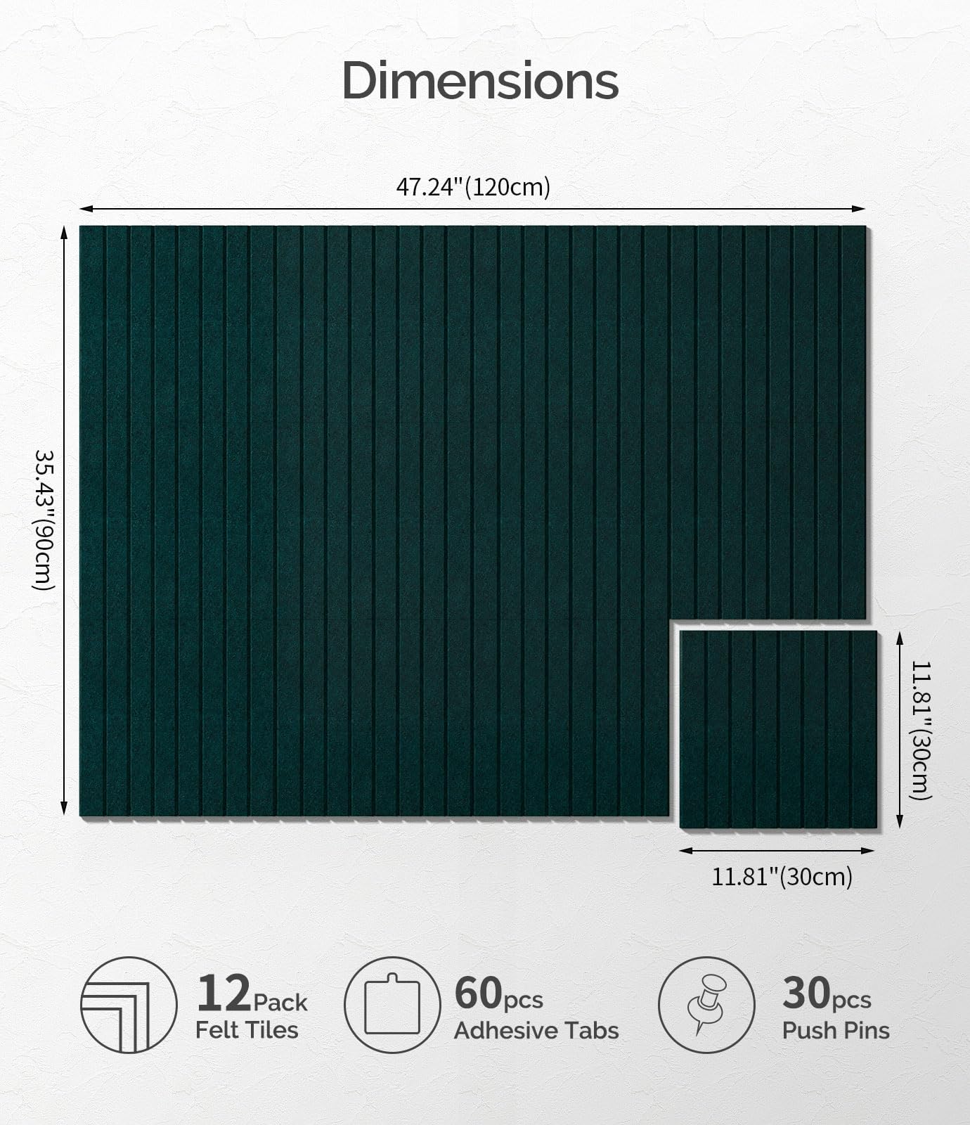 Bounmer Large Cork Board Alternative 48“ x 36”, 12-Pack Felt Bulletin Board Tiles with 60 Safe Removable Adhesive Tabs & 30 Pushpins, Cork Boards for Office Walls Decor (Pine Green)