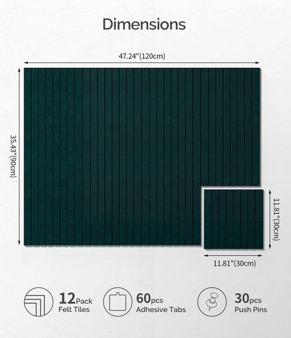 Bounmer Large Cork Board Alternative 48“ x 36”, 12-Pack Felt Bulletin Board Tiles with 60 Safe Removable Adhesive Tabs & 30 Pushpins, Cork Boards for Office Walls Decor (Pine Green)
