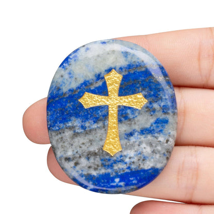 LAIDANLA Lapis Lazuli Cross Engraved Healing Crystal Worry Stones for Pray Faith Anxiety Relief Oval Palm Stone Polished Natural Crystal Gifts