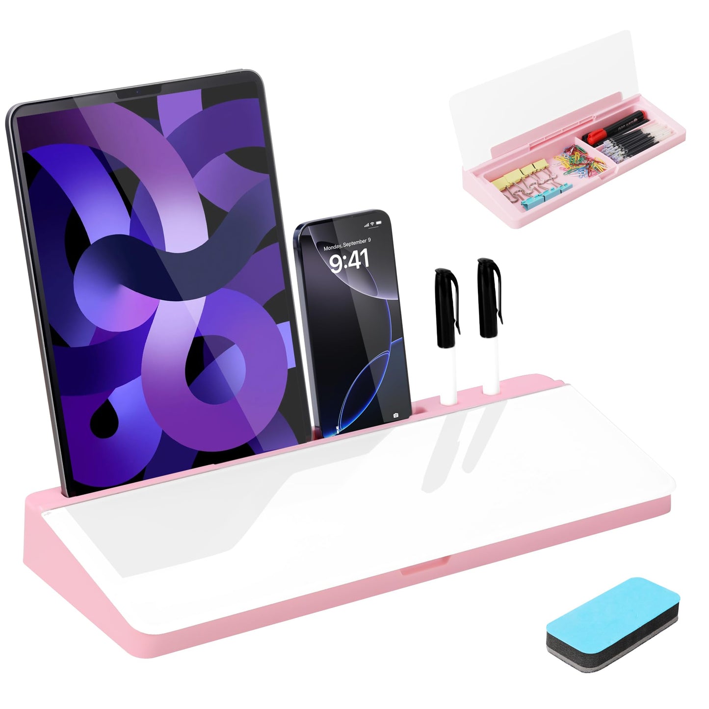 KVY Pink Desk Whiteboard with Storage,Desktop Glass Dry Erase White Board Organizers Supplies with Accessories for Women.Office, Home, School Essentials