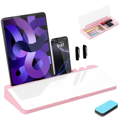 KVY Pink Desk Whiteboard with Storage,Desktop Glass Dry Erase White Board Organizers Supplies with Accessories for Women.Office, Home, School Essentials