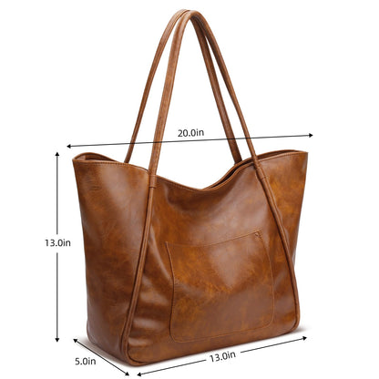 KKXIU Large Tote Bag for Women with Zipper Work Leather Travel Purse and Handbags - Dark Brown