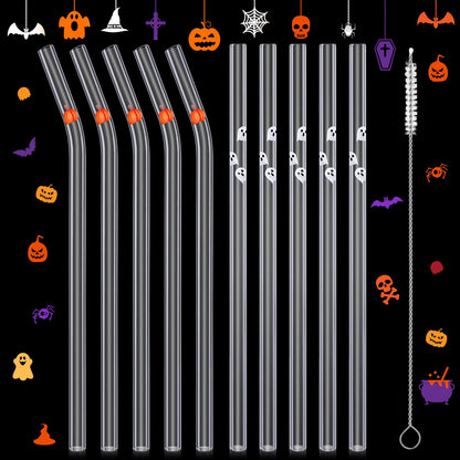 Yoande 10 Pcs Glass Drinking Straws Charms Cute Reusable Straws Glass Brush Clear Drinking Sucker Spring Party Decor Bachelorette Decor Bridal Engagement Drinkware (Pumpkin, Ghost)