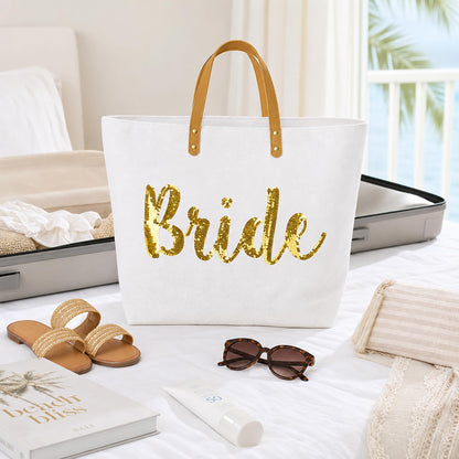 Mud Pie Bride Tote Bag, Bridal Shower Gift with Gold Sequin Script, Bridal Bag With Vegan Leather Handles