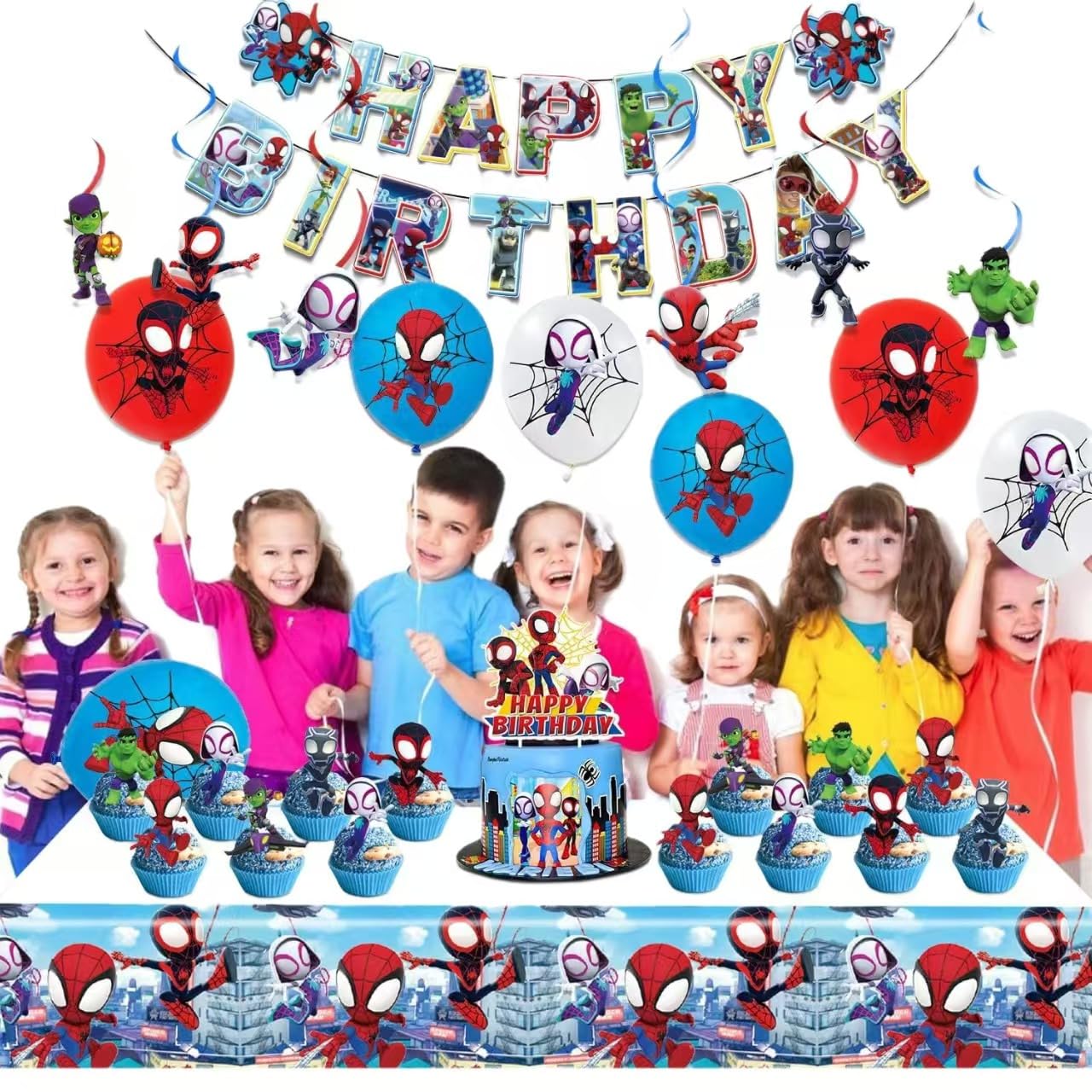 Cartoon spidey-themed birthday party supplies. These decorations include "Happy Birthday" banners, tableware, tablecloths, balloons, large and small skewers, and party-themed decoration sets.