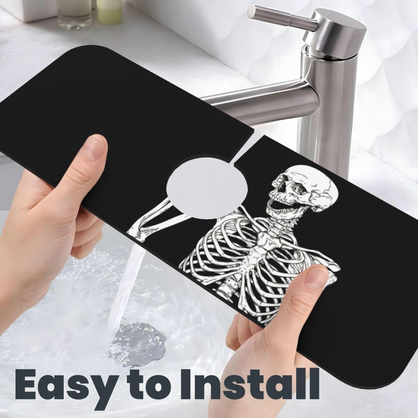 Black Funny Skull Human Skeleton Halloween Kitchen Sink Splash Guard Faucet Mat Super Absorbent Fast Drying Mat Sink Gadgets-Fast Drying Pad Sink Mat For Kitchen Bathroom (15" X 5.5" )
