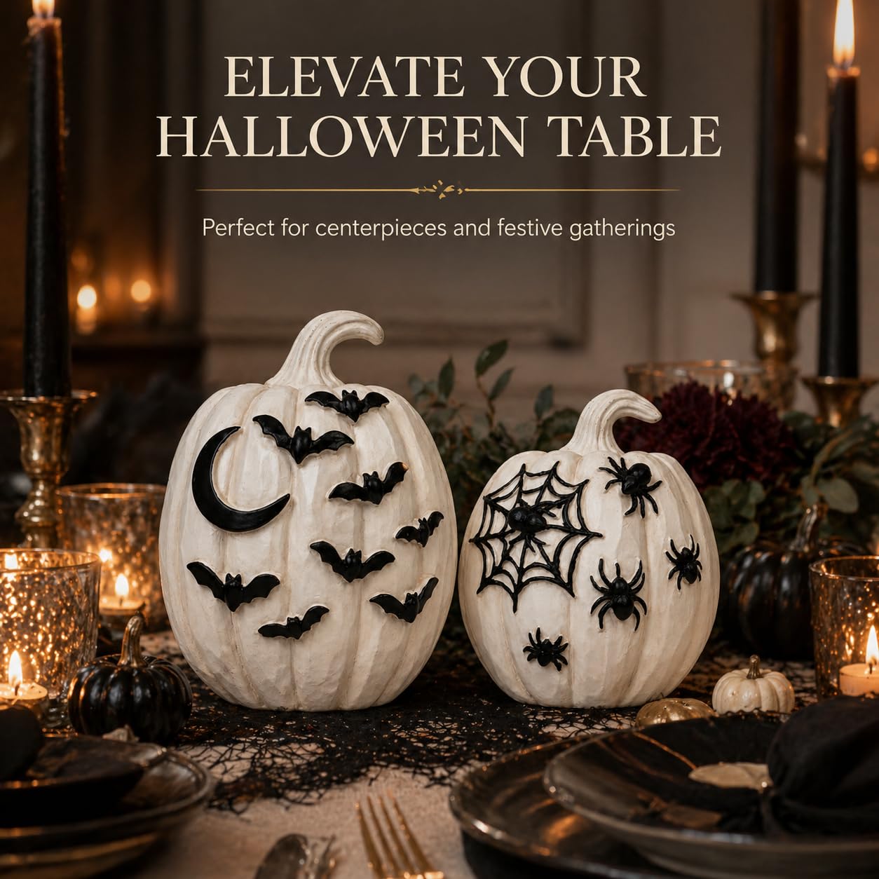 Halloween Pumpkins Decor Set of 2, Halloween Tabletop Decorations, Halloween Pumpkin Figurine Centerpiece for Mantel Shelf Entryway Table, Spooky Fall Home Decor, Pumpkin Statue Decorations Indoor