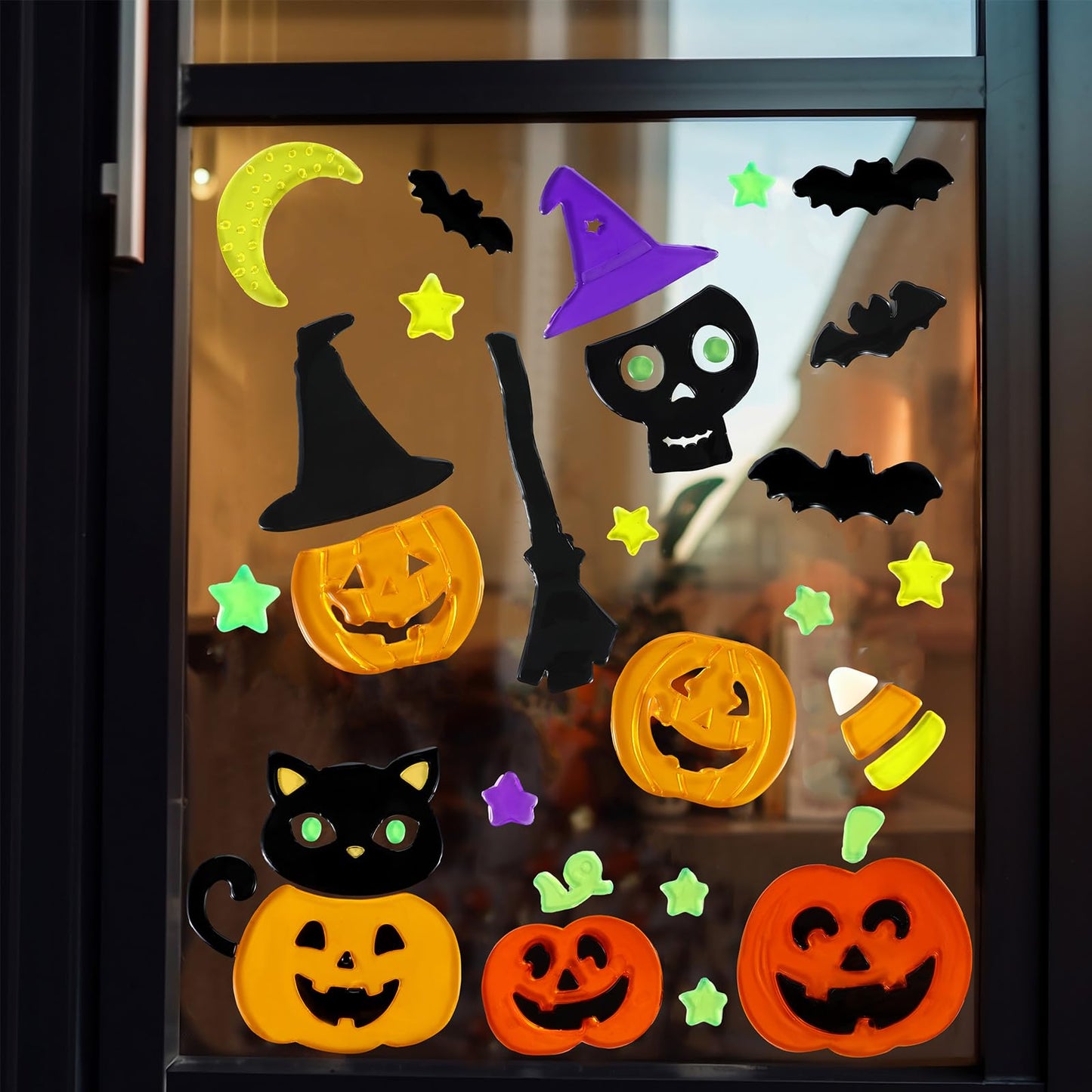 Sinload 6 Sheets Halloween Window Gel Clings Pumpkin Bat Witch Decal Stickers for Halloween Home Party Window Decorations