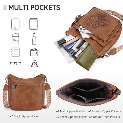 VIMUTI Crossbody Bags for Women Trendy Vegan Leather Hobo Purses for Women Embossed Flower Shoulder Handbags Bucket Bag (02-Brown)