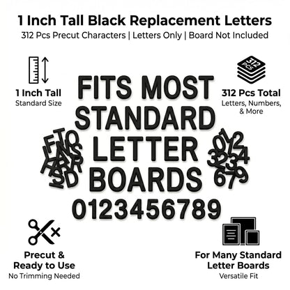1 Inch Tall Plastic Letter Board Letters Only, 312 PCS Black Precut Replacement Letters and Numbers for Felt Letter Boards, Message Boards and Directory Boards, No Board Included