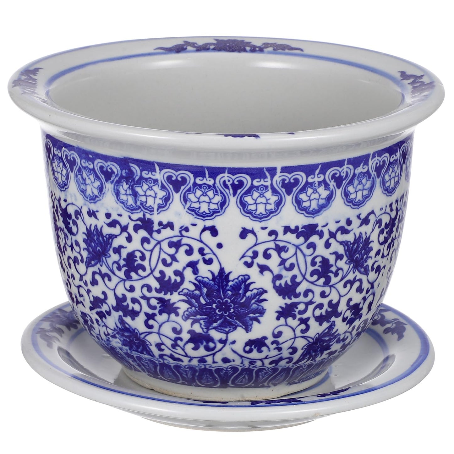 BESPORTBLE Blue and White Porcelain Decorative Flower Pot Ceramic Planter Pot with Drainage Hole and Saucer for Bonsai Plants Flower Aloe Indoor Home Decoration, 6.6 * 4.68in