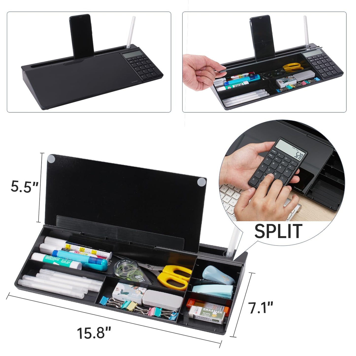 Small Glass Desktop Whiteboard Dry-Erase-Board - Computer Keyboard Stand with Calculator White Board Surface Pad with Drawer, Desk Organizers with Accessories for Office, Home, School Supplies - Black