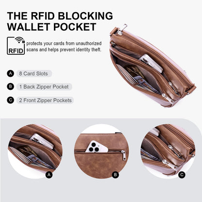 Lexiyat Crossbody Bags for Women Rfid Travel Crossbody Purses Leather Roomy Handbags Medium Shoulder bag with Adjustable Strap Brown