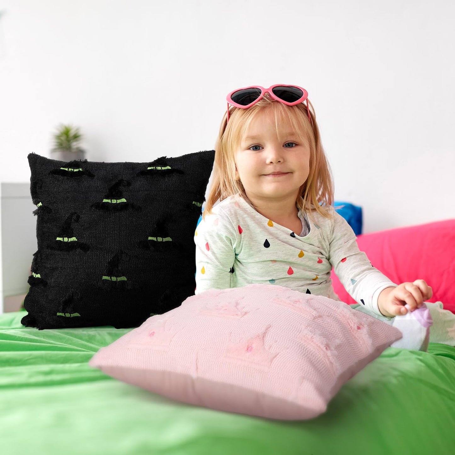 Mindsoft Set of 2 Witch Hat and Pink Crown Pillow Covers for Girls 18x18 Inch Witch Theme Throw Pillow Cases Soft Plush Cushion Covers for Christmas Halloween Sofa Couch Living Room