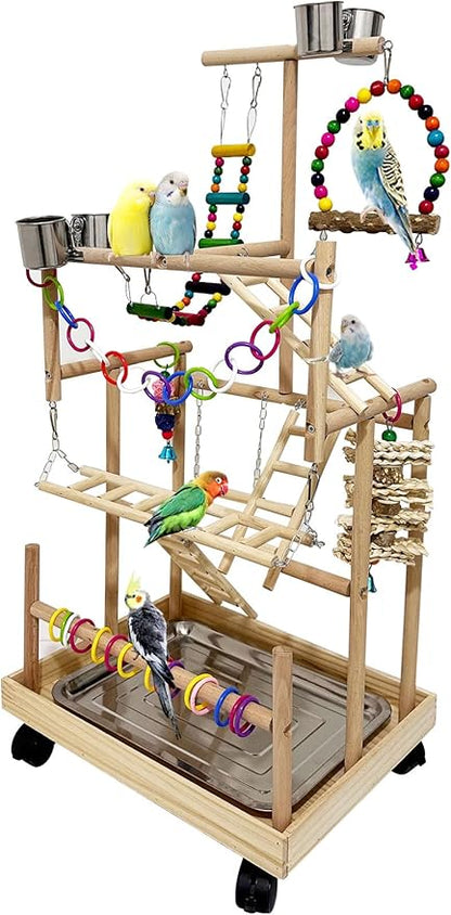 5 Layers Large Bird Playstand with Wheel, Natural Wood Parrot Playground, Parakeet Perch Stand Small Bird Playgym with Ladder Toy Accessories for Cockatiel Cockatoo Finch Budgie Lovebird
