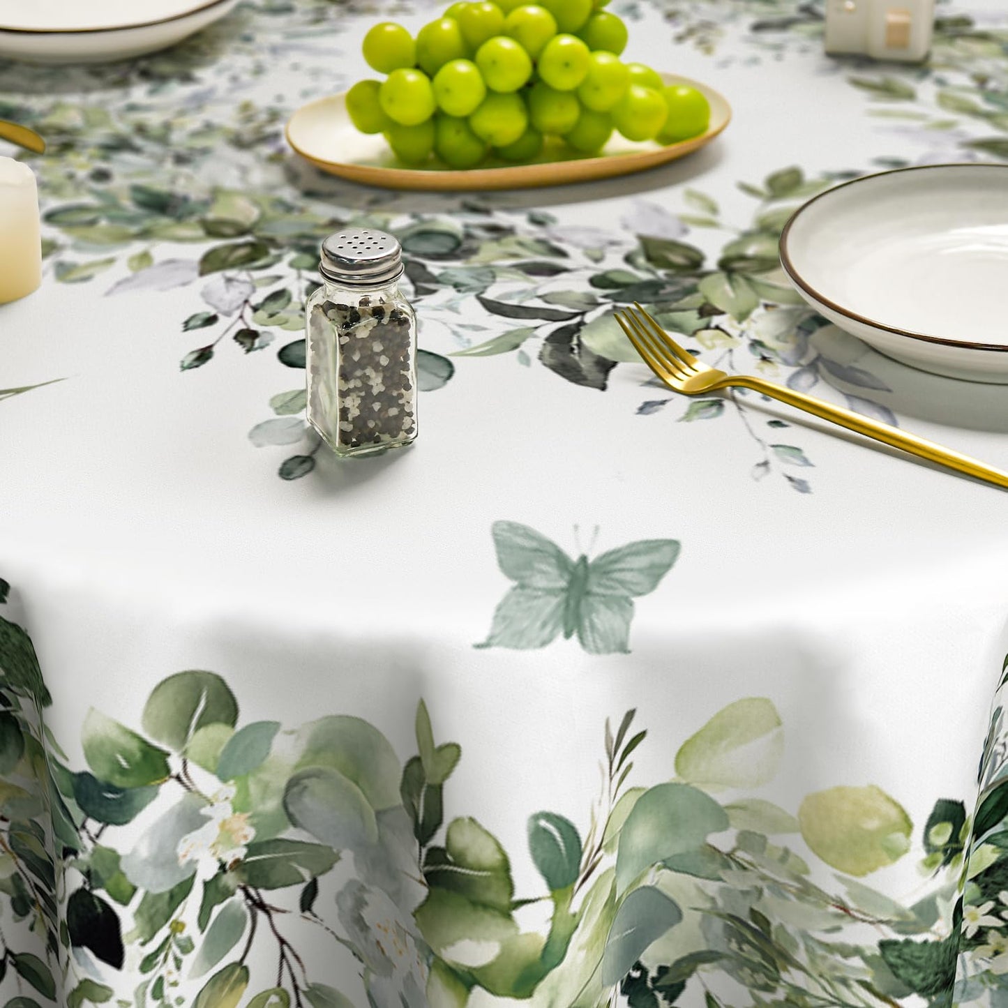 Horaldaily Spring Tablecloth 90×90 Inch Round, Green Eucalyptus Washable Seasonal Table Cover for Party Picnic Dinner Decor