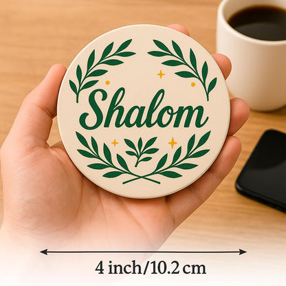 Shalom Coasters Set of 4 Ceramic Drink Coasters with Olive Branch Peace Design Absorbent Stone Coasters with Cork Base Christian & Jewish Gifts Religious Table Decor for Home Holidays