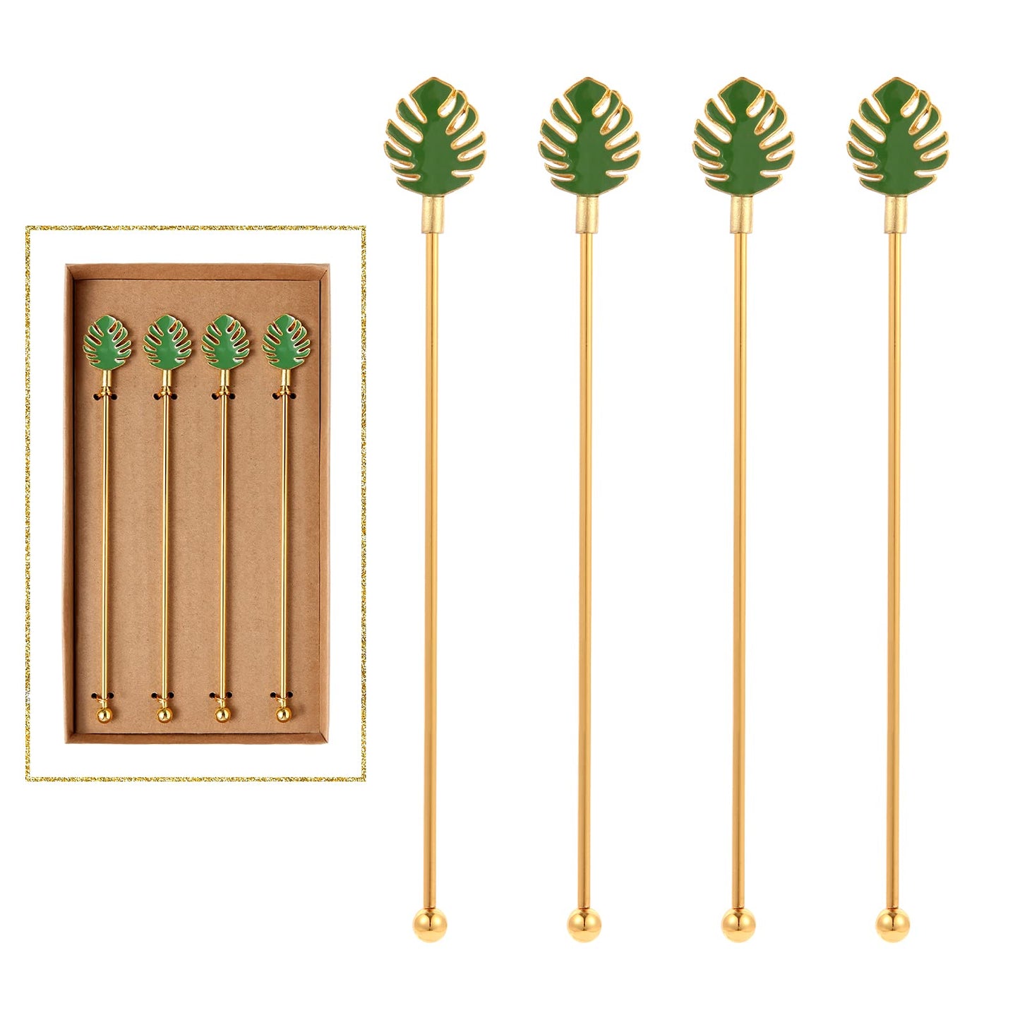 Palm leaf Drink Stirrer Sticks Stainless Steel Coffee Beverage Stirrers，Set of 4 Cocktail Swizzle Stick,7.5", Multicolor