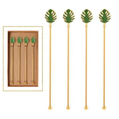 Palm leaf Drink Stirrer Sticks Stainless Steel Coffee Beverage Stirrers，Set of 4 Cocktail Swizzle Stick,7.5", Multicolor
