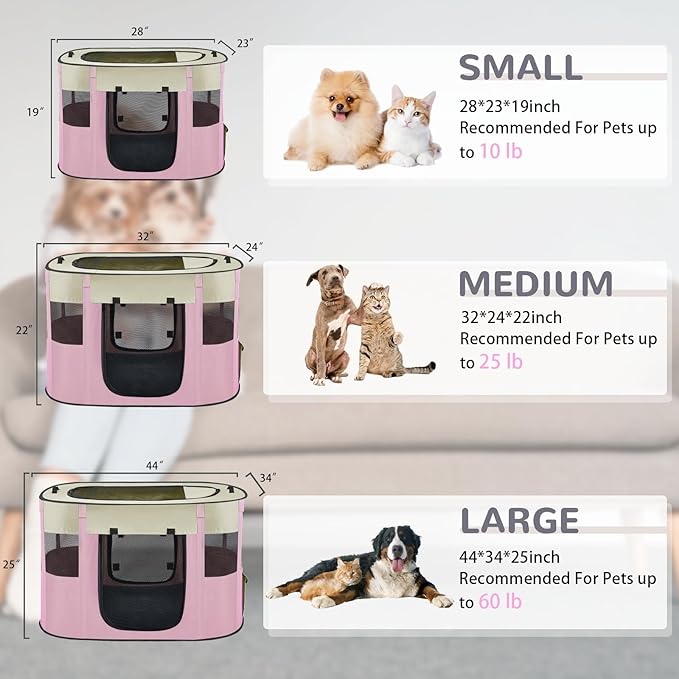 Portable Dog Cat Playpen with Waterproof Pad,Collapsible Pet Puppy Kitten Crate,Foldable Small Animals Kennel Cage for Indoor Outdoor Travel Camping,Water-Resistant Breathable Shade Cover (Pink M)