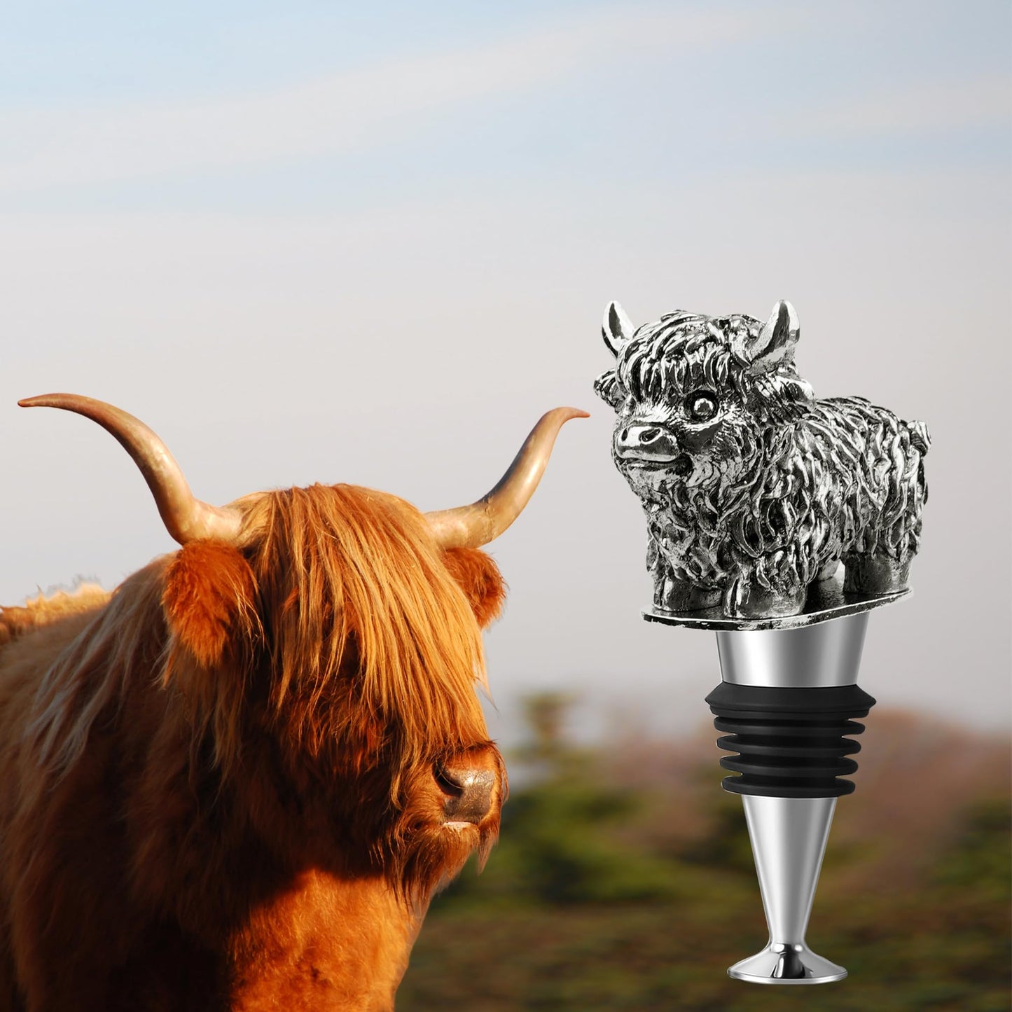 Highland Cow Wine Bottle Stopper, Highland Cow Gifts with Gift Box, Wine Gifts Christmas Birthday Gifts for Women Men, Wine Stopper for Wine Champagne Prosecco