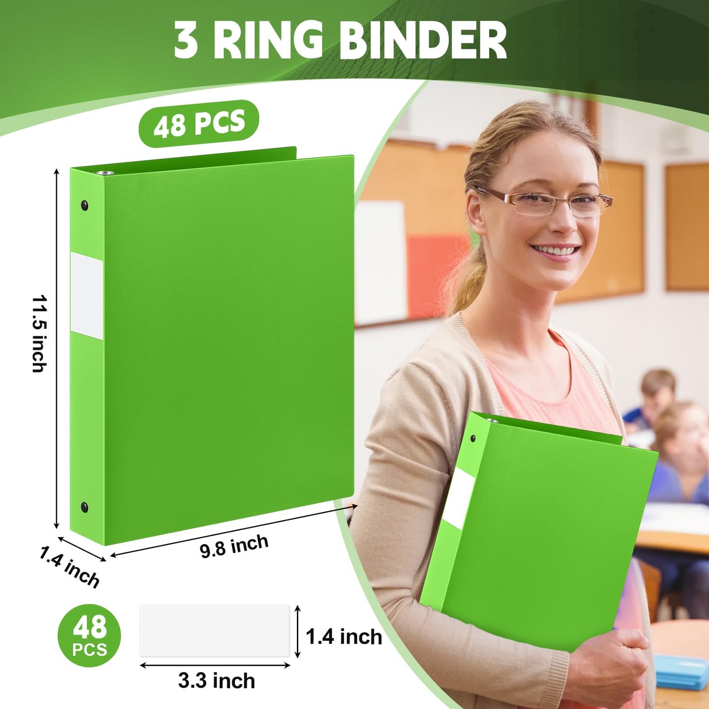 Henoyso 48 Pack 1 Inch 3 Ring Plastic Binders, Bulk Flexible PP Binders for Classroom & School Supplies, Letter Size 8.5 x 11, Holds 240 Sheets with Interior Pocket (Tender Green)