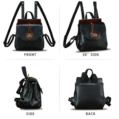LRTO Genuine Leather Small Backpack Purse for Women Knapsack Casual Daypack College Back Bag (Black)