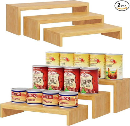 2 Sets Bamboo Can Organizer for Pantry, 3-Tier 6-Piece Adjustable Cabinet Can Display Rack, Soda Can Organizer Holds Up to 31 Cans, Canned Goods Storage Holder for Pantry, Cabinet, Countertop