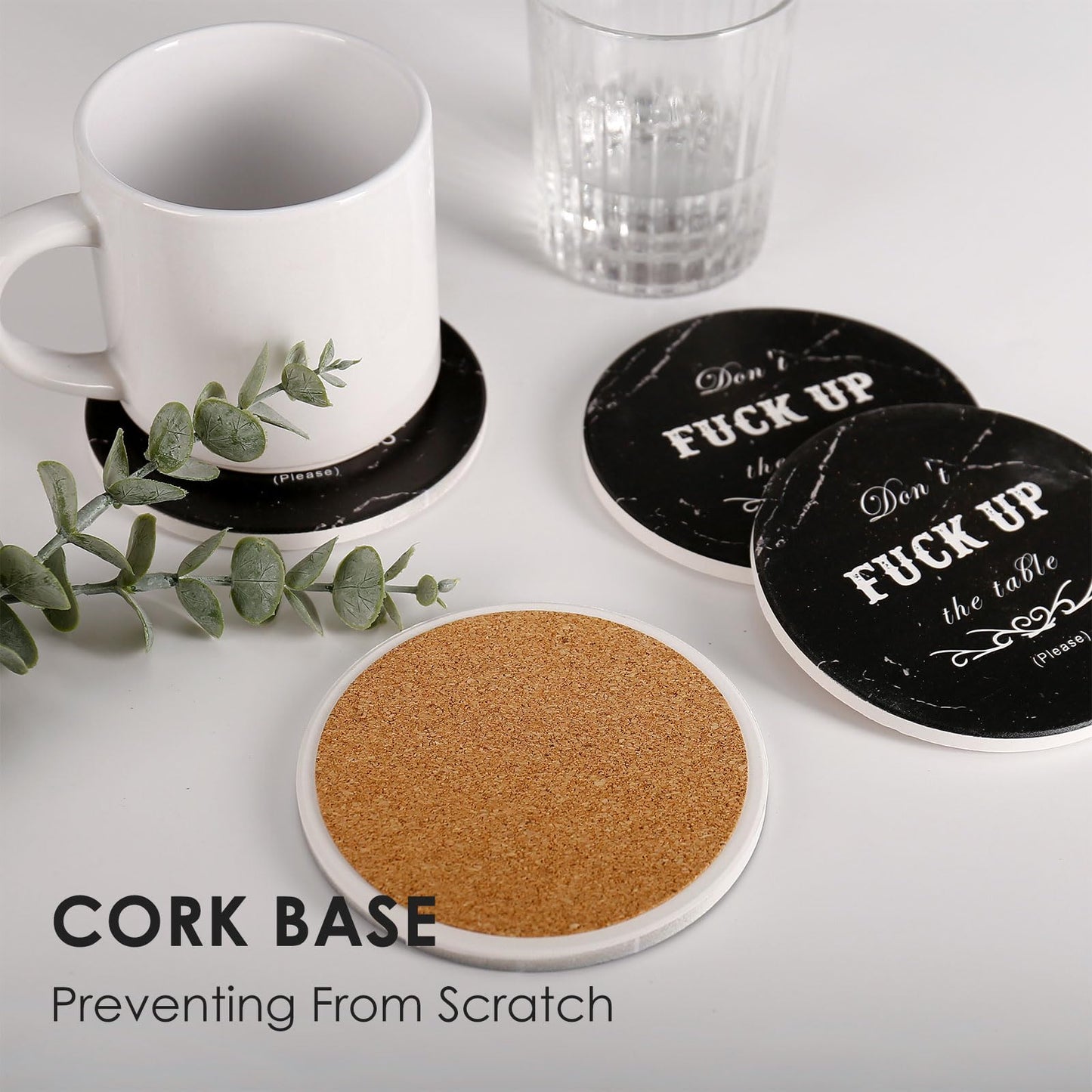 Drink Coasters Set of 6 with Holder, Absorbent Ceramic Coasters with Cork Base for Coffee Table, Rustic Marble Coasters Home Decor Housewarming Gift (Round-Black, 6)
