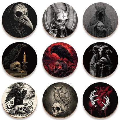 SUPERDANT 9 pcs Gothic Wood Coasters Set Skull Raven Black Cat Design Easy Clean Halloween Housewarming Gift for Bar Kitchen 10x10cm