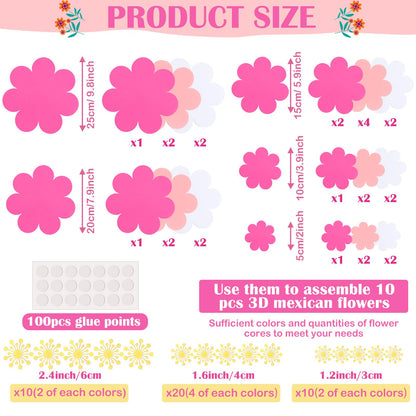 Mooliwe Paper Flowers Decorations for Wall DIY 3D Paper Bulletin Board Mexican Flowers Backdrop Decoration for Classroom Back to School Holiday Party(Pink White,10 Set)