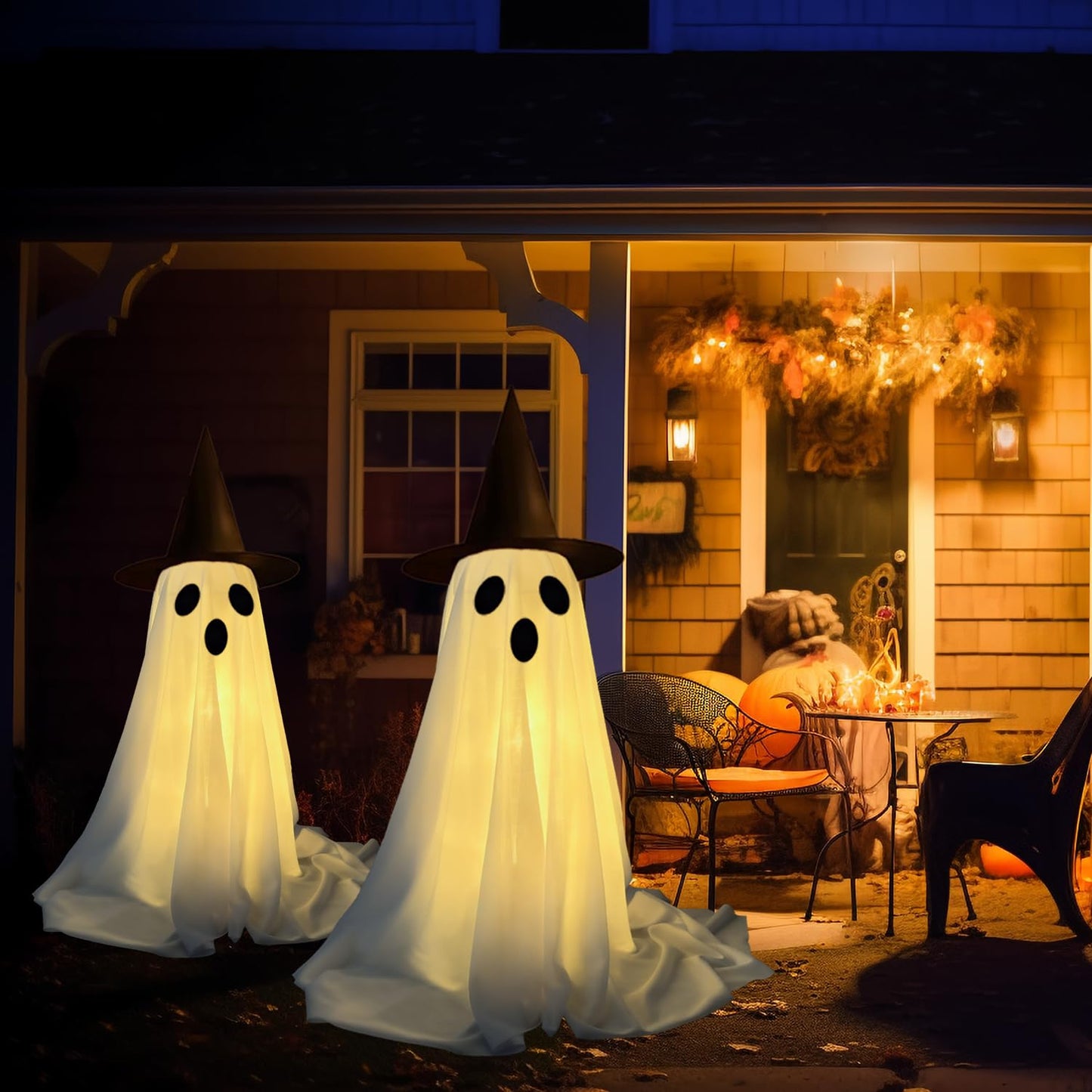 2Packs - Halloween Decorations Indoor, Spooky Ghost with String Lights Battery Operated, Upgraded More Sturdy Ghost Halloween Decorations（Warm White）