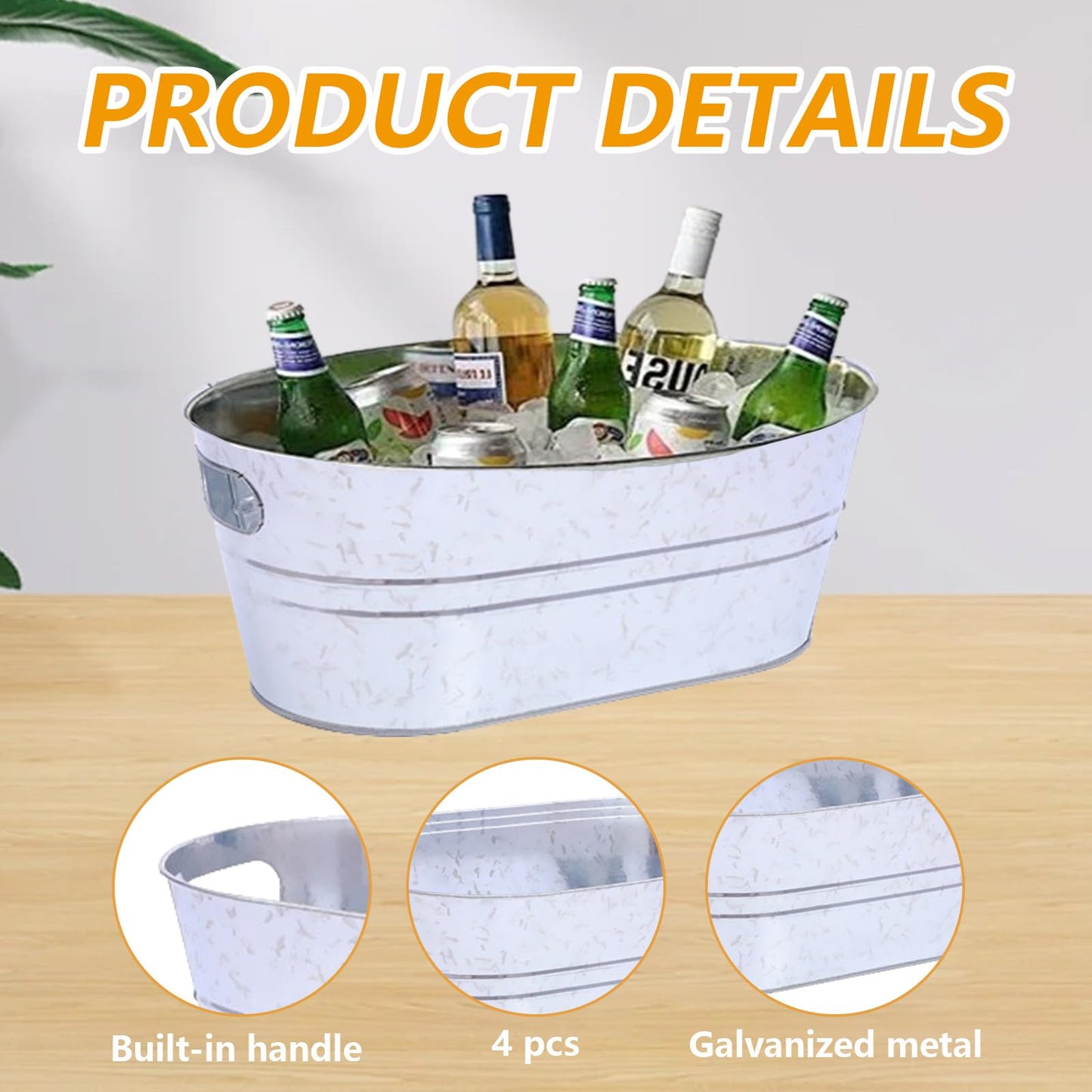 Hyuetrsa 4 Pack 4 Gallon Galvanized Ice Buckets for Parties, Large Metal Beverage Drink Tub Cooler with Leak-Proof Carry Handles, Heavy Duty Drink Tin Bins for Beer, Champagne and Wedding Bar Supplies