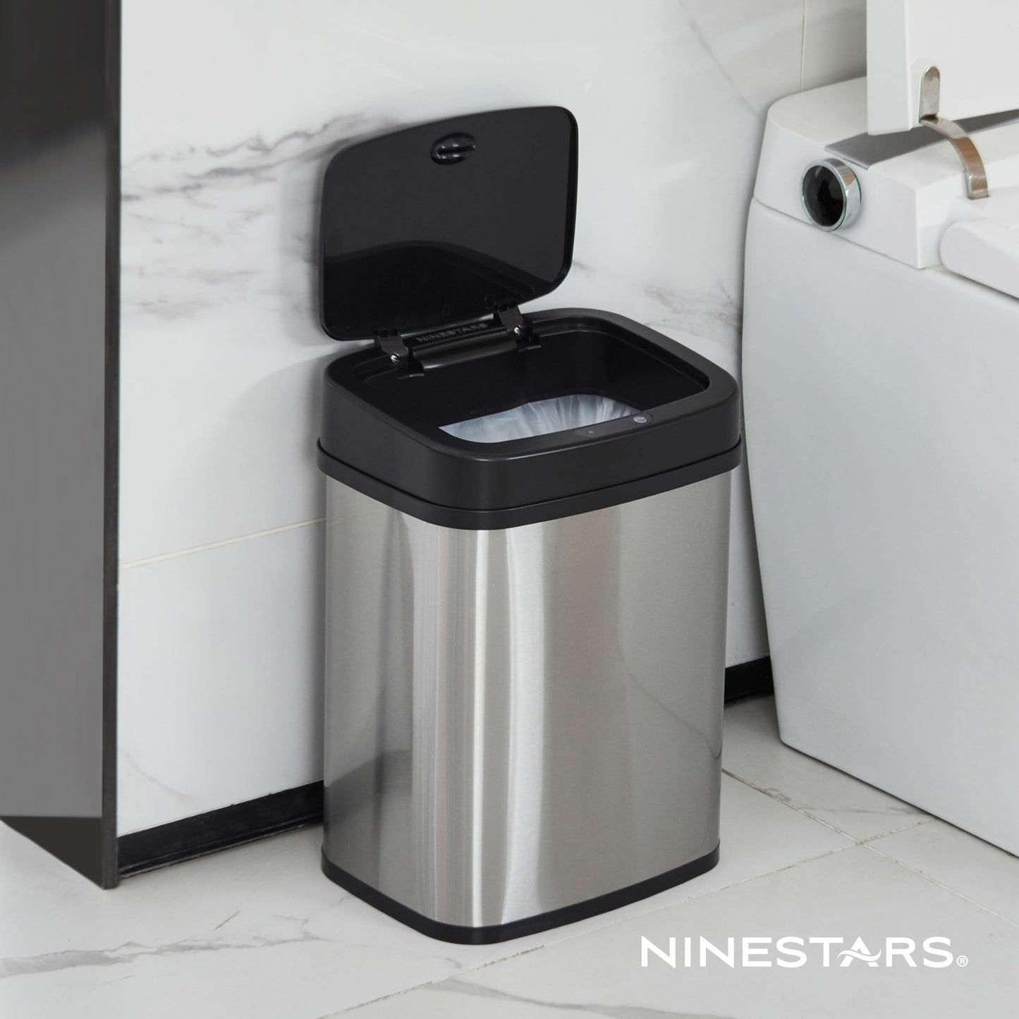 NINESTARS DZT-12-5 Bedroom or Bathroom Automatic Touchless Infrared Motion Sensor Trash Can, 3 Gal 12L, Stainless Steel Base (Rectangular, Black Lid)