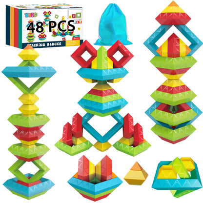 WSKC 48 PCS Building Block Stacking Toys Kids 3 4 5 6 Year Old, Educational STEM Toys for Boys Girls, Developmental Learning Sensory Gifts for Birthdays