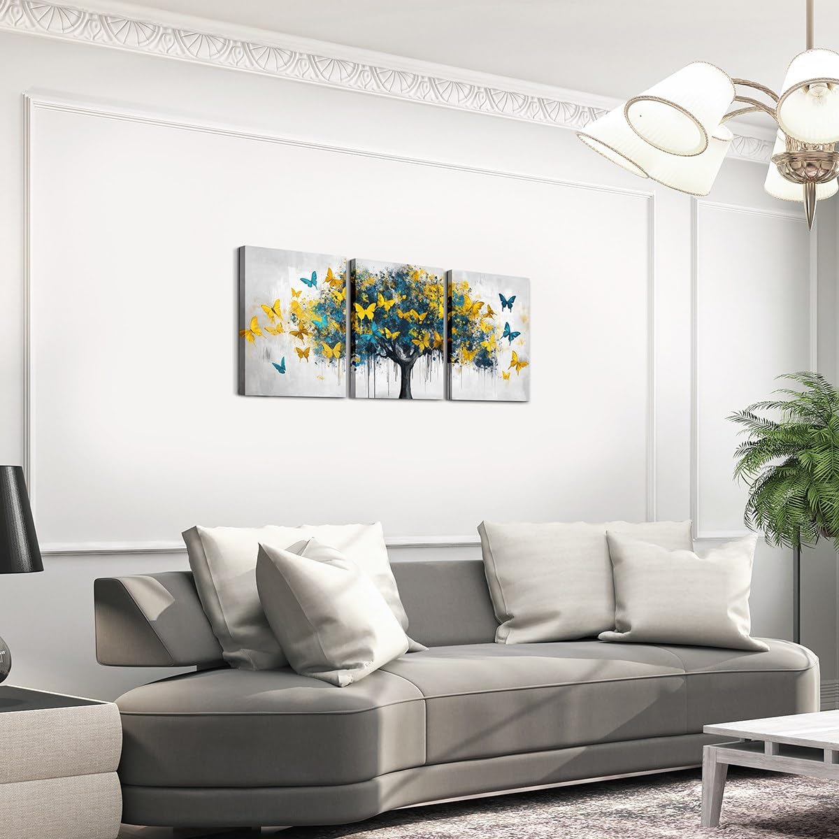 jejeloiu Blue Golden Tree Canvas Wall Art for Living Room Bedroom 12"x16"x3pcs Butterflies Picture Wall Decor for Bathroom Natural Scenery Office Decorations Artwork Posters Oil Painting Painting