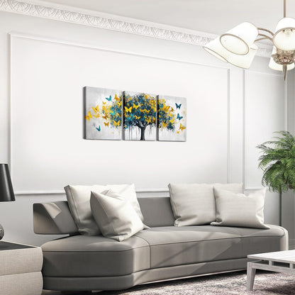 jejeloiu Blue Golden Tree Canvas Wall Art for Living Room Bedroom 12"x16"x3pcs Butterflies Picture Wall Decor for Bathroom Natural Scenery Office Decorations Artwork Posters Oil Painting Painting