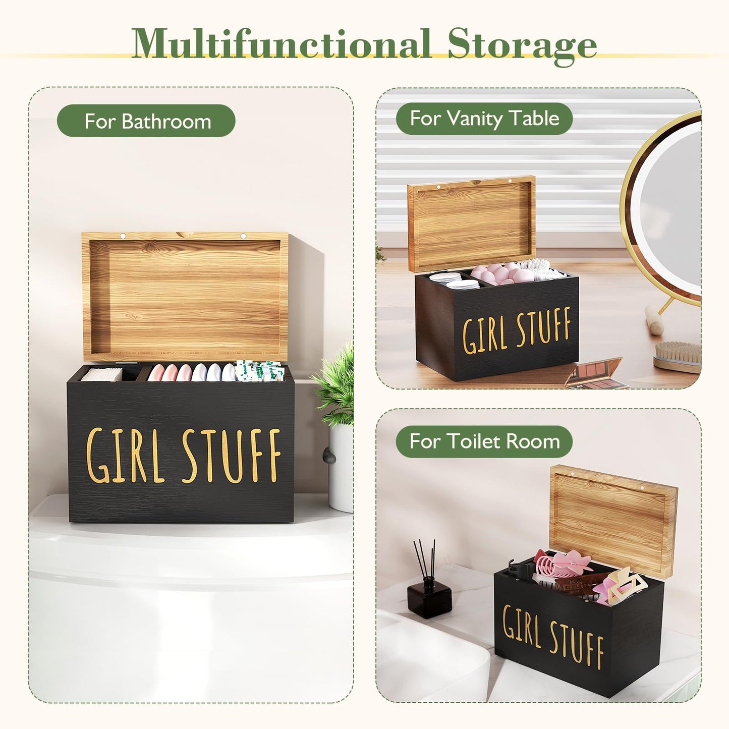 Nyellevario Tampon Holder for Bathroom with Hinged Lid, Feminine Product Organizer, Tampon Storage, Bathroom Period Products, Toilet Organizer, Bathroom Accessories Box for Girl Stuff (Black)