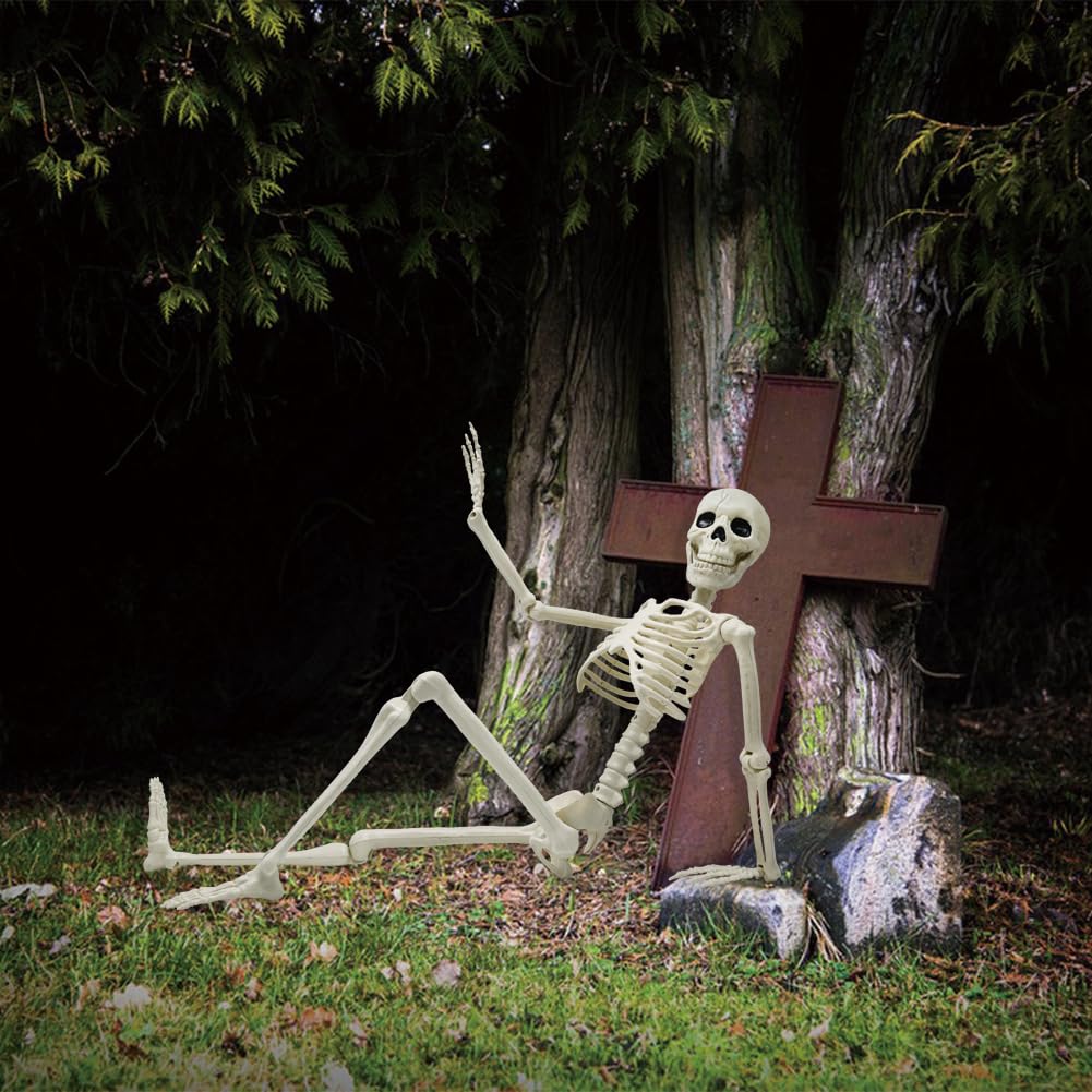 UMEELR 36in/3ft Life Size Posable Skeleton, Plastic Full Body with Movable Joints Skeleton for Halloween Party Prop Graveyard Haunted House Decorations